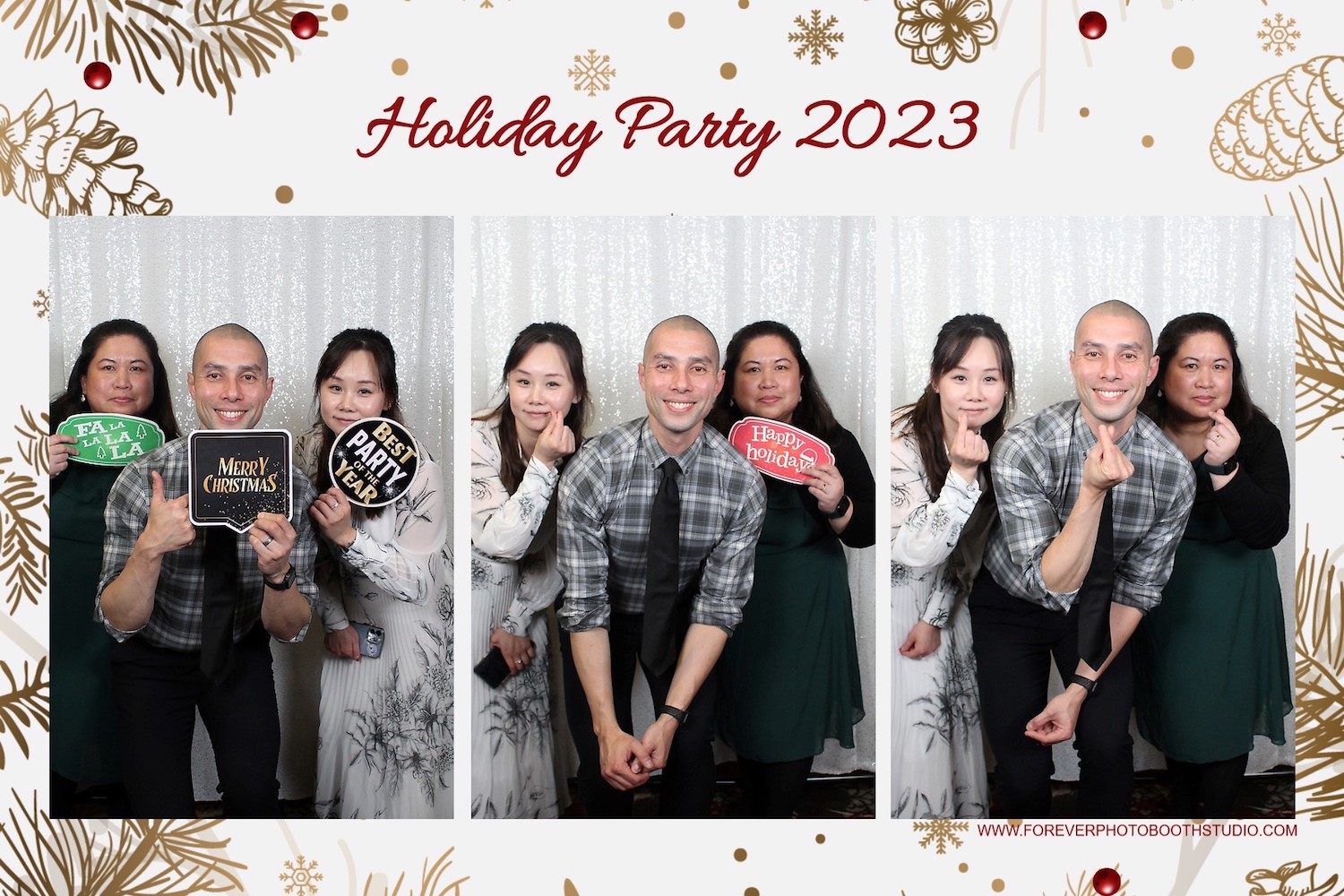 Friends using photo booth props at holiday christmas party