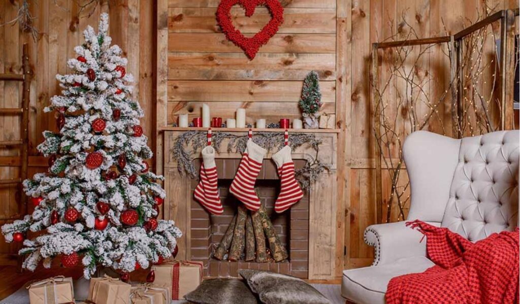 Living room set with holiday decorations for backdrop
