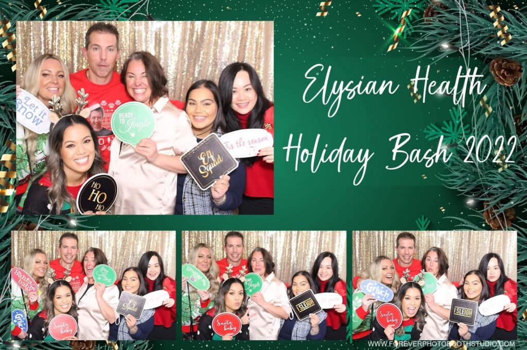 Ugly sweater christmas party photo booth with friends posing with props
